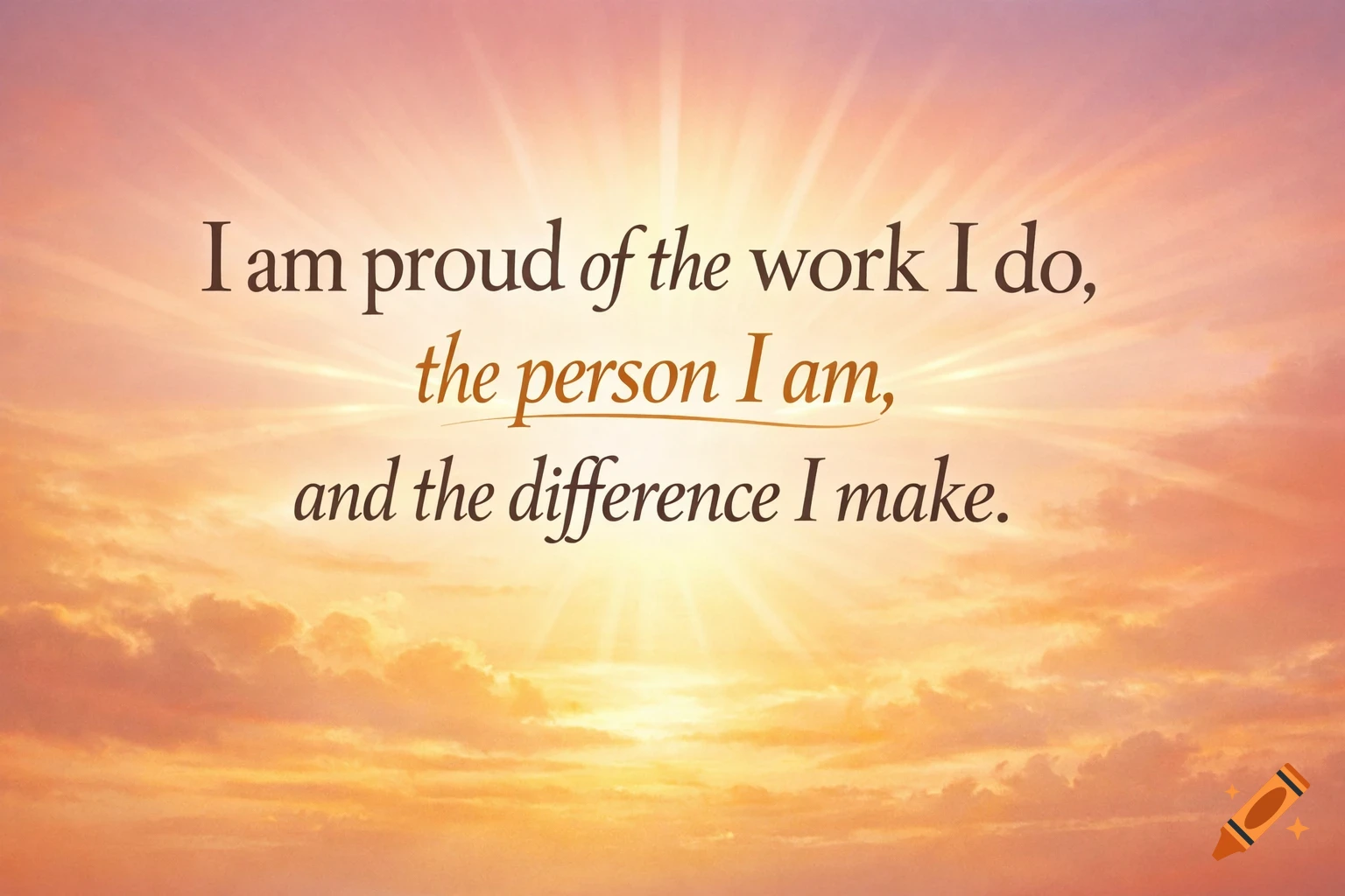 Motivational quote 'I am proud of the work I do, the person I am, and the difference I make' over a radiant, sun-filled sky.