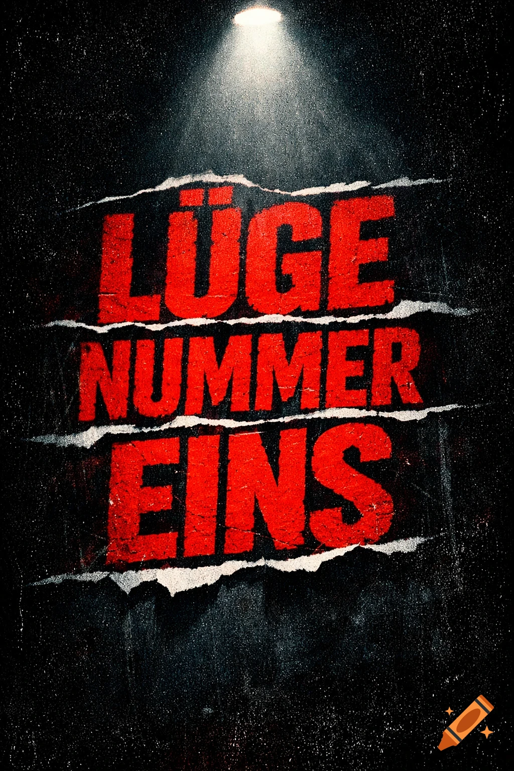 Bold red German text "LÜGE NUMMER EINS" (LIE NUMBER ONE) on a ripped dark background under a spotlight, with a grainy, edgy style.