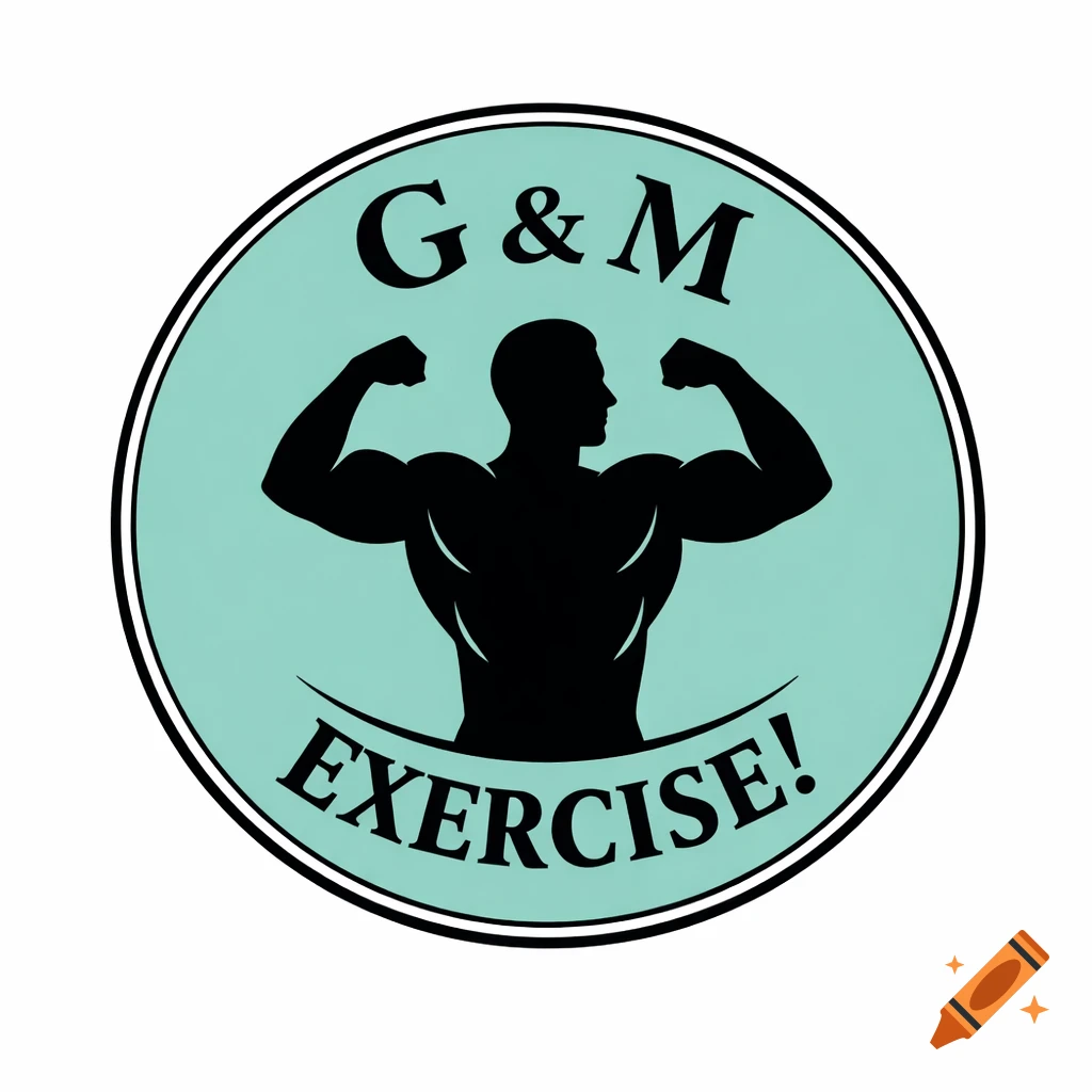 A light teal circular logo with a black silhouette of a muscular man flexing, with "G & M" curved above and "EXERCISE!" curved below.