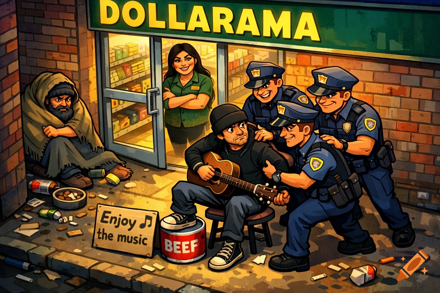 Cartoon of police arresting a guitarist playing outside a Dollarama, watched by a grinning manager and a panhandler.