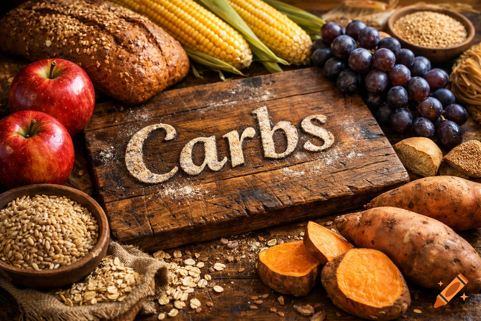 A photorealistic still life of carbohydrate-rich foods including bread, corn, apples, grapes, and sweet potatoes, with 'Carbs' carved on a wooden board.