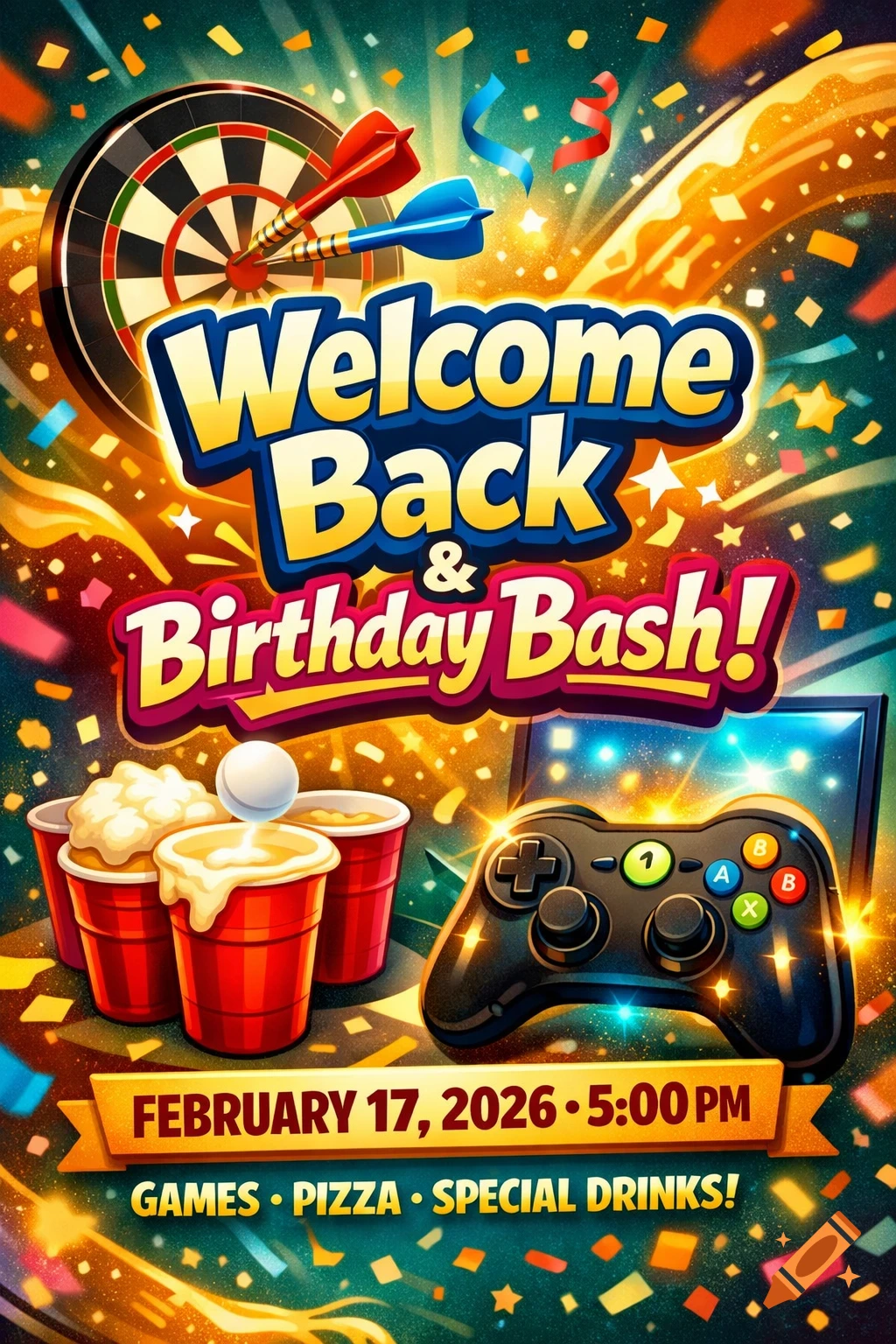 A vibrant digital flyer for a "Welcome Back & Birthday Bash!" party. It features a dartboard with two darts, red party cups, a ping pong ball, and a black game controller. Confetti, stars, and streamers burst across the background. The event details read "February 17, 2026 - 5:00 PM" and "Games - Pizza - Special Drinks!"
