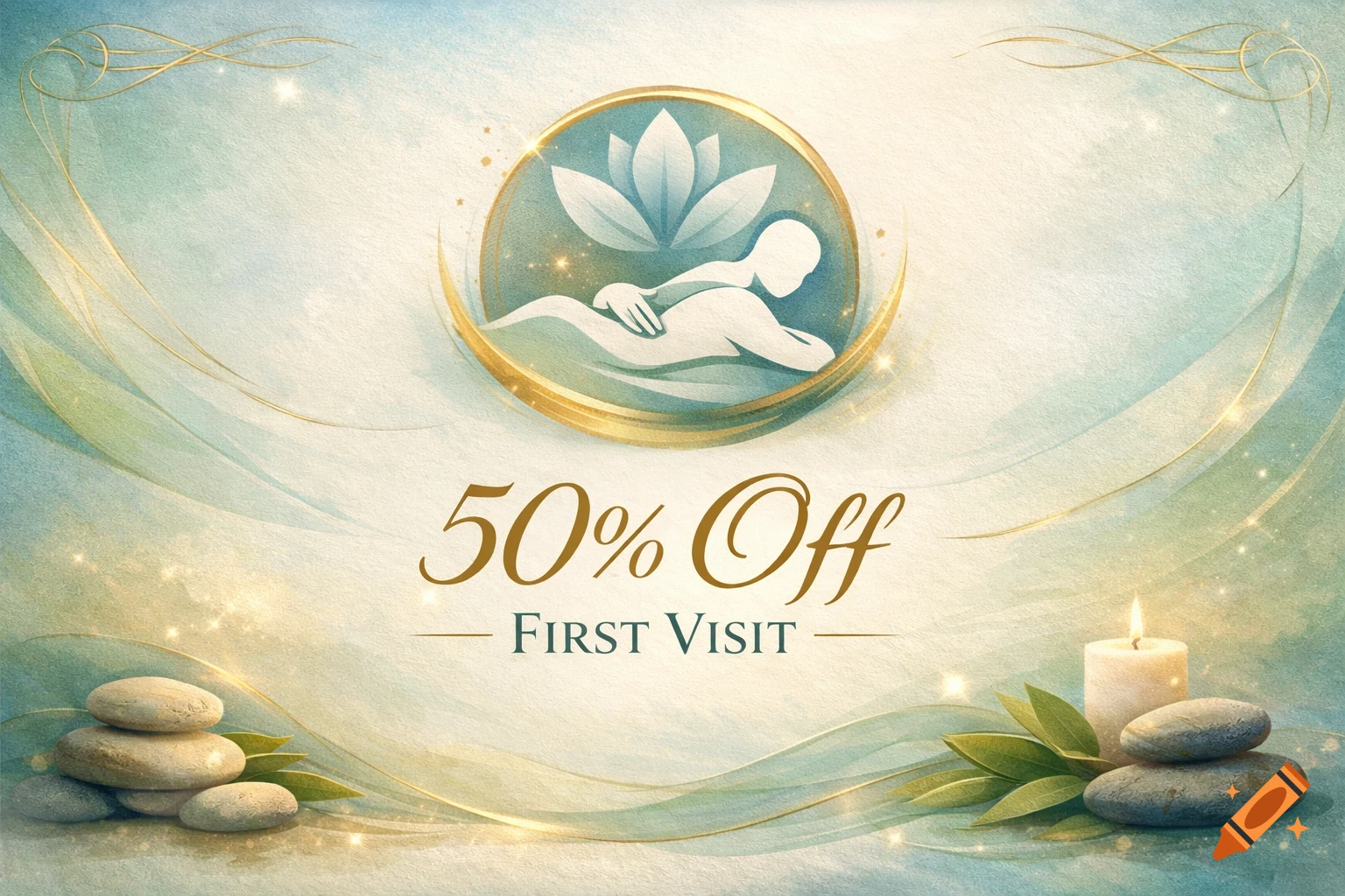 A serene spa ad with a massage logo, stacked stones, and a candle. Text: 50% Off First Visit. Watercolor style.