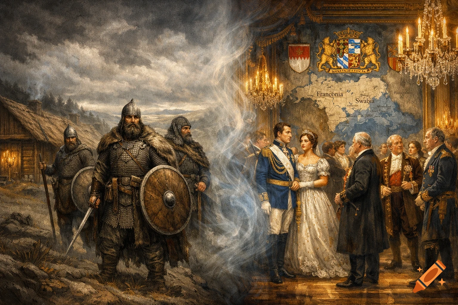Split image: bearded Viking warriors on left, 19th-century royal couple with nobility and map of Bavaria on right, misty connection.