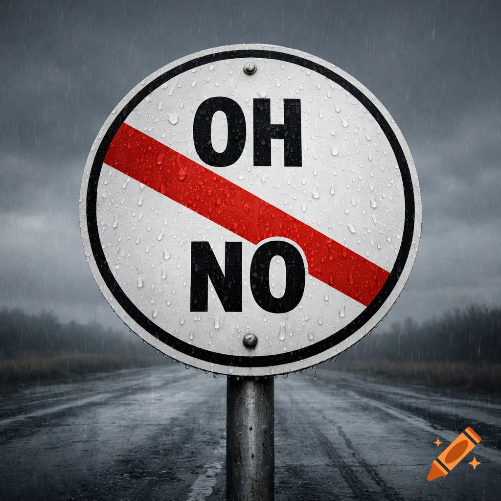 A white circular 'OH NO' sign with a red diagonal stripe, covered in raindrops on a gloomy, wet road.