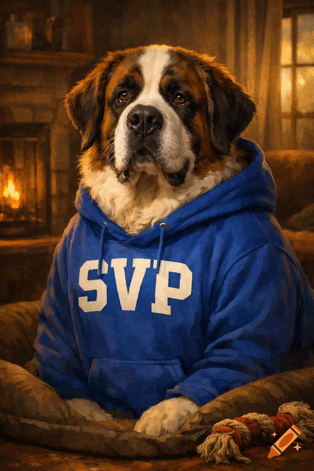 St. Bernard dog in a blue hoodie with 'SVP' on it, sitting in a cozy room by a fireplace, digital painting.