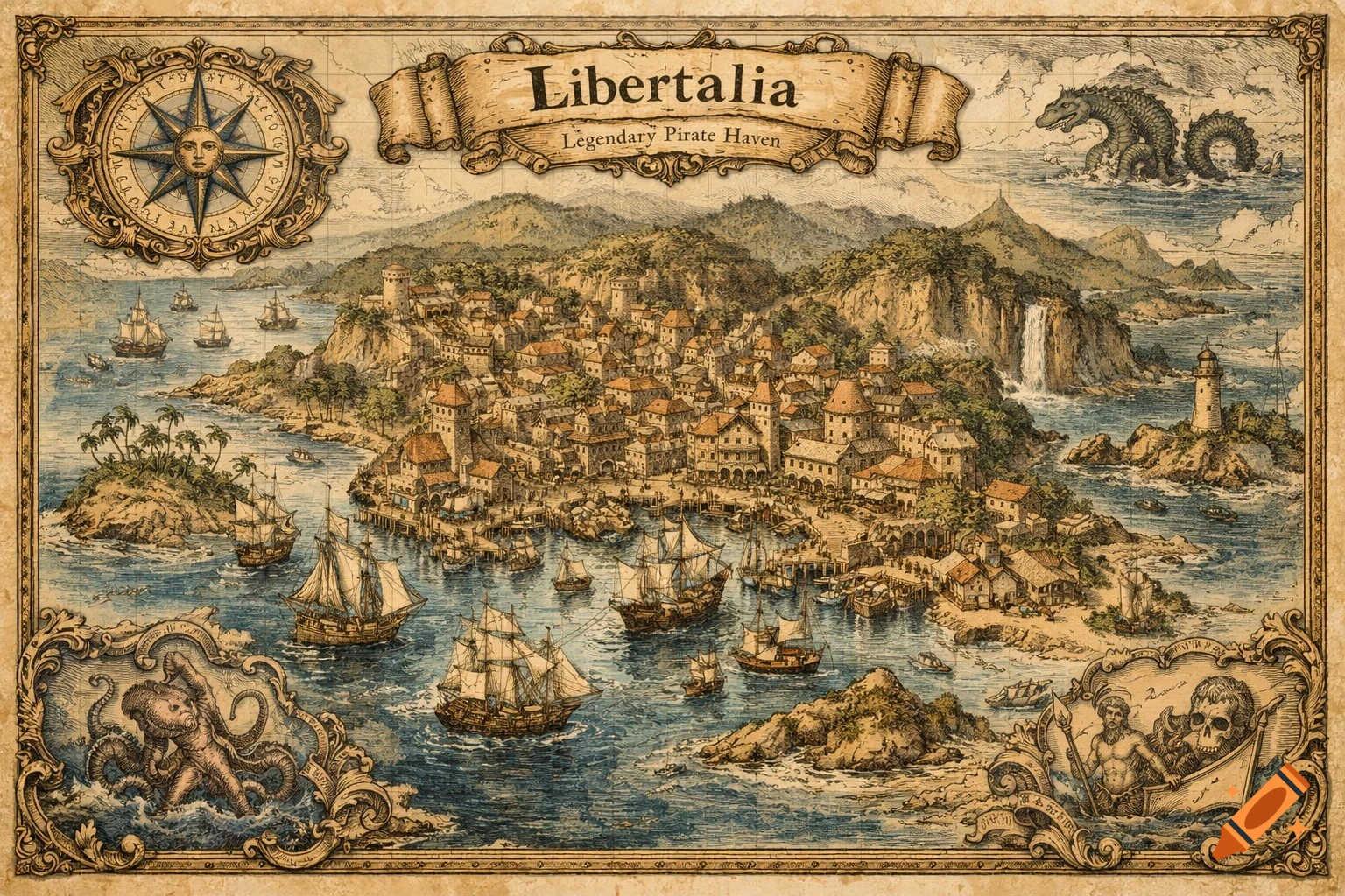 A vintage-style map depicting the legendary pirate haven of Libertalia, with a bustling port, ships, mountains, and sea creatures.
