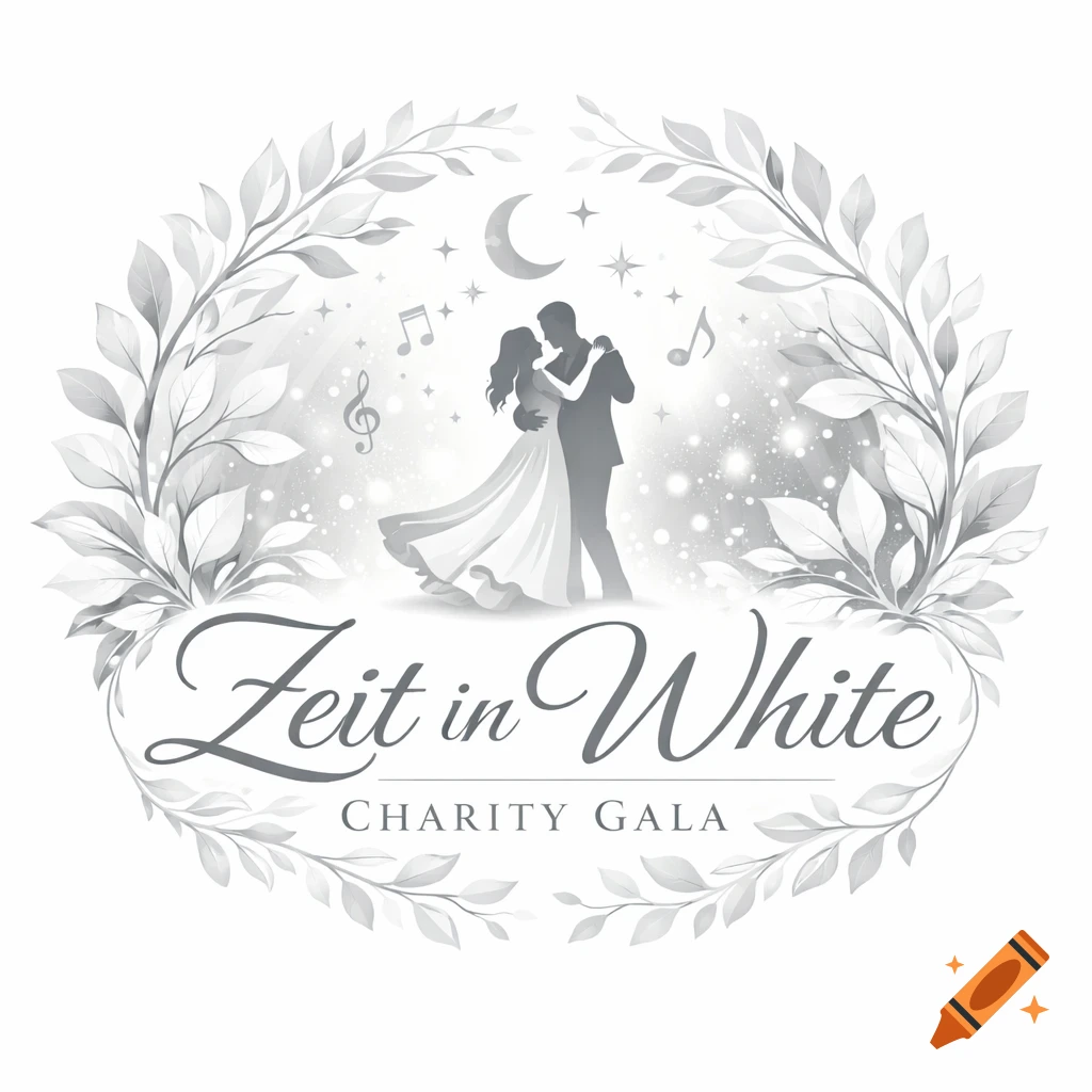 Gray and white logo with a dancing couple silhouette, framed by a leaf wreath, stars, moon, and music notes, with text 'Zeit in White Charity Gala'.