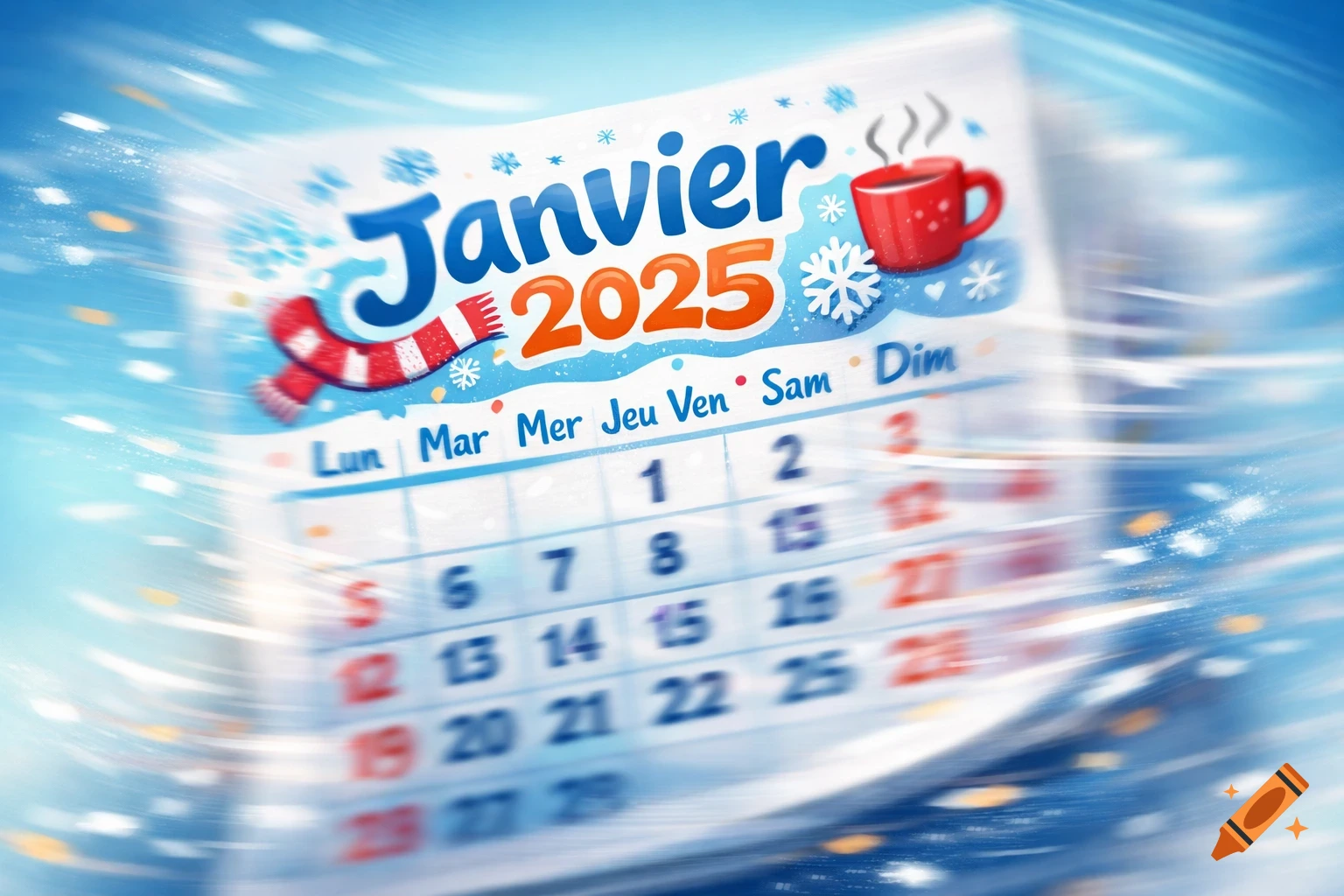A fun, stylized French calendar for January 2025 with winter elements like a scarf and mug, set against a blue background with motion blur.