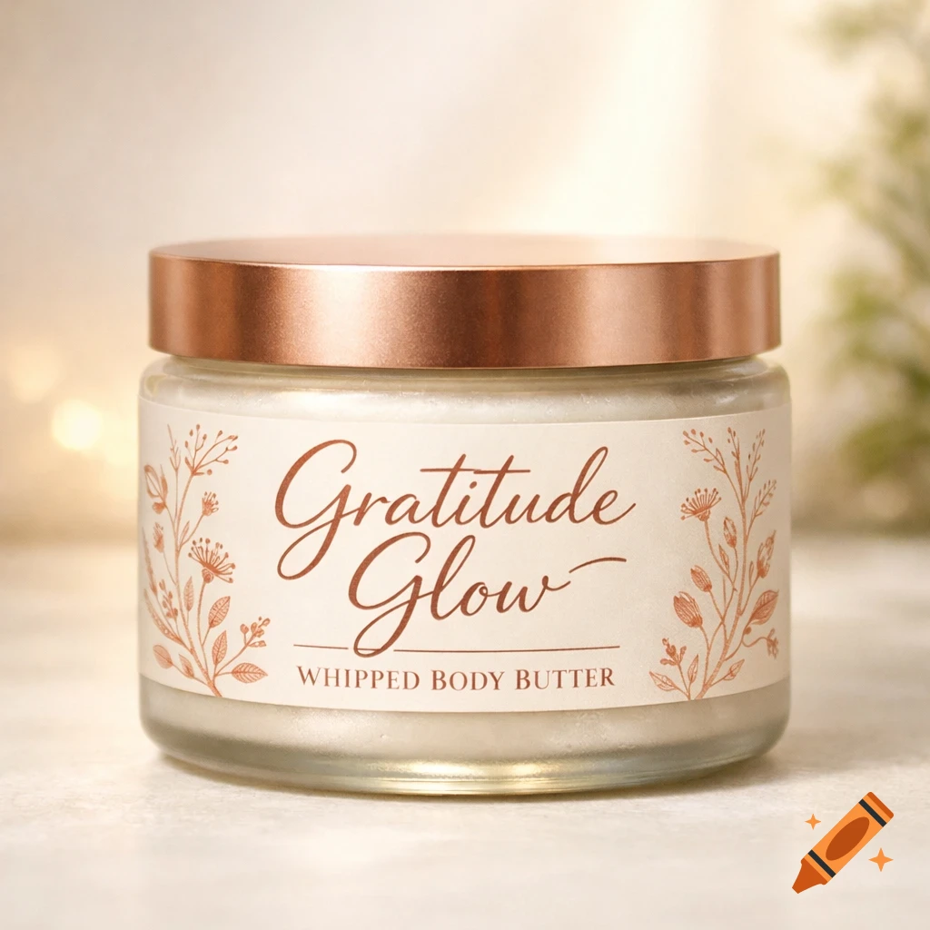 Close-up of a glass jar with a rose gold lid, labeled 'Gratitude Glow WHIPPED BODY BUTTER' with botanical art.