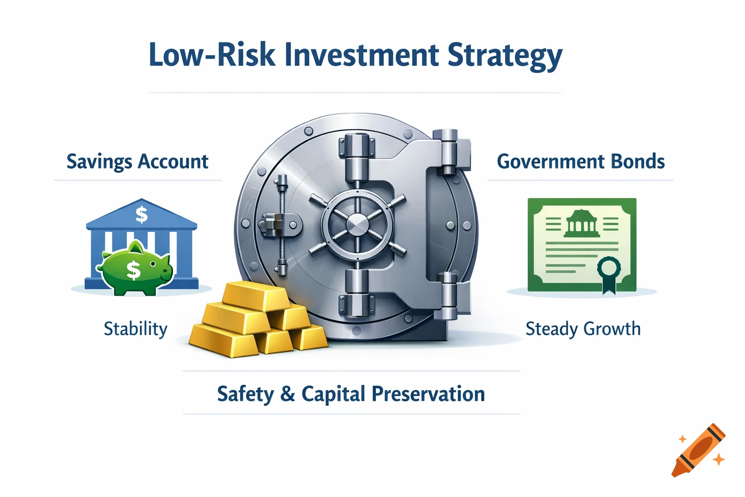 Infographic illustrating a low-risk investment strategy with icons for a vault, savings account, government bonds, and gold bars.
