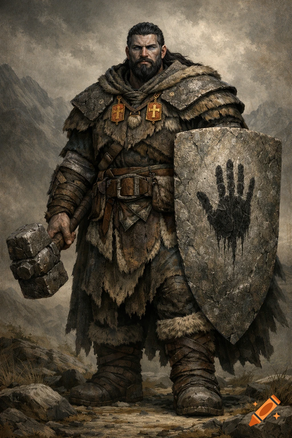 A towering goliath warrior in fur and hide armor, holding a stone hammer and shield with an ash handprint, stands in highlands.