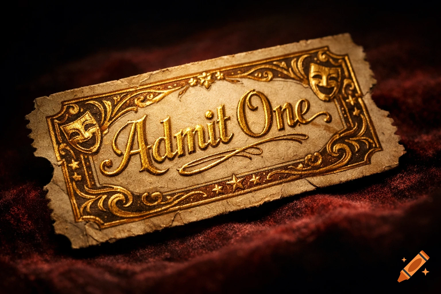 Vintage golden 'Admit One' ticket with ornate details and theater masks on a dark red velvet background.