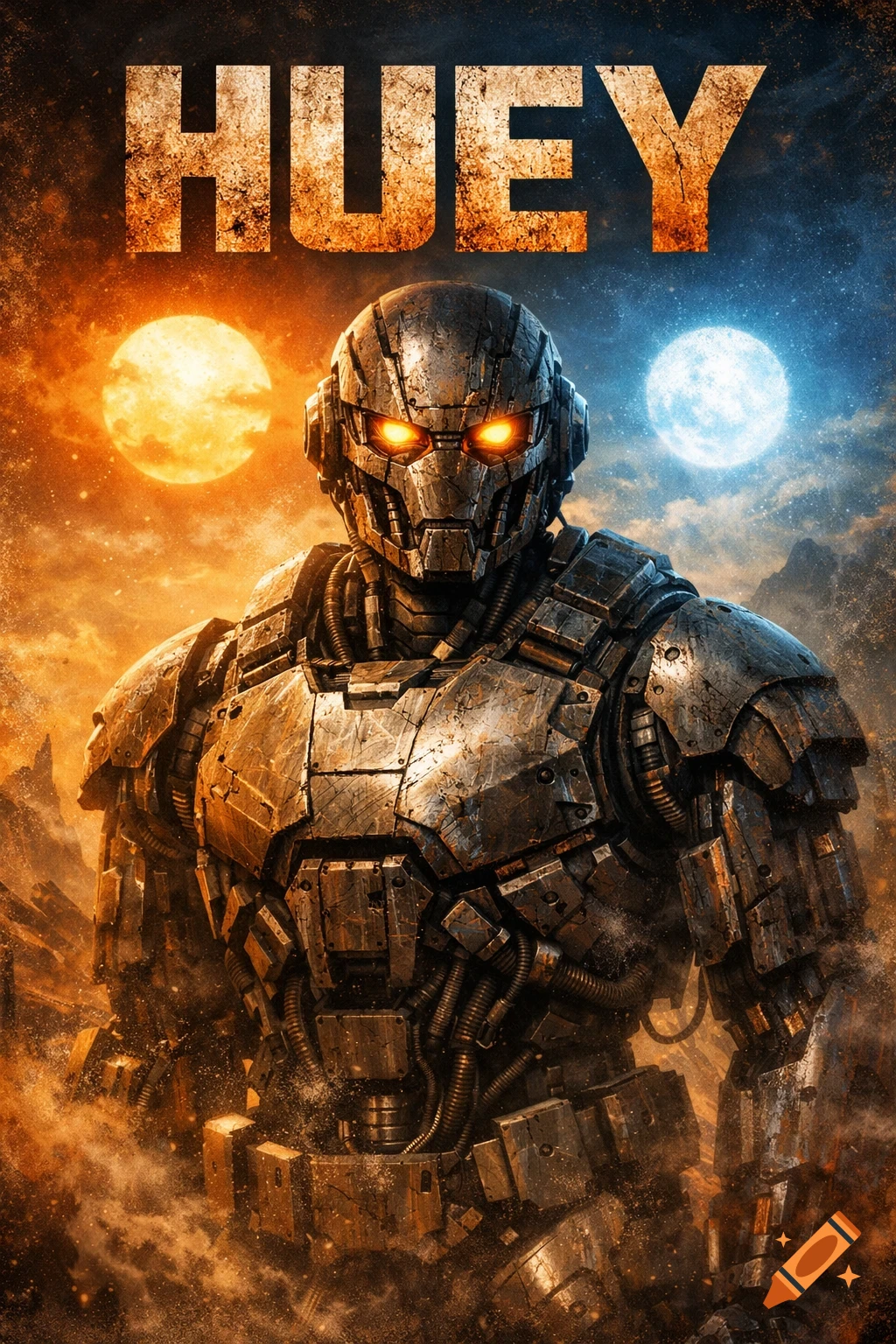 A metallic robot with glowing orange eyes stands on a dusty alien planet with two moons, under the title HUEY.