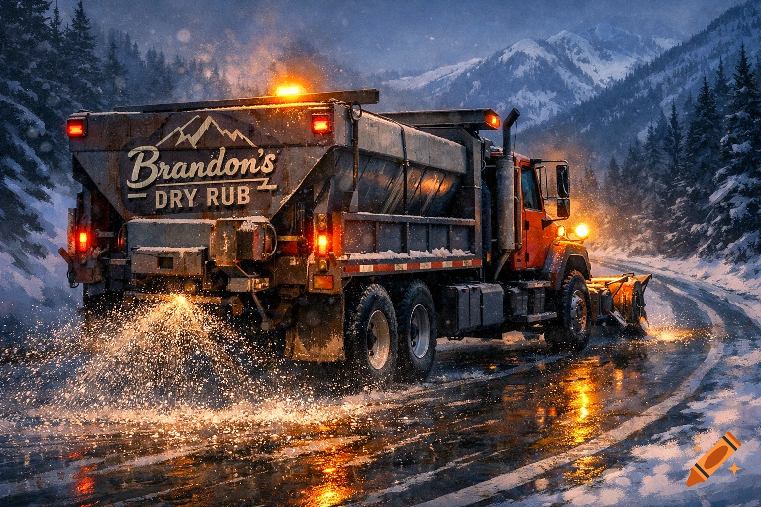A photorealistic orange plow truck with a snowplow salts a snowy mountain road at dusk, with "Brandon's DRY RUB" on its back.