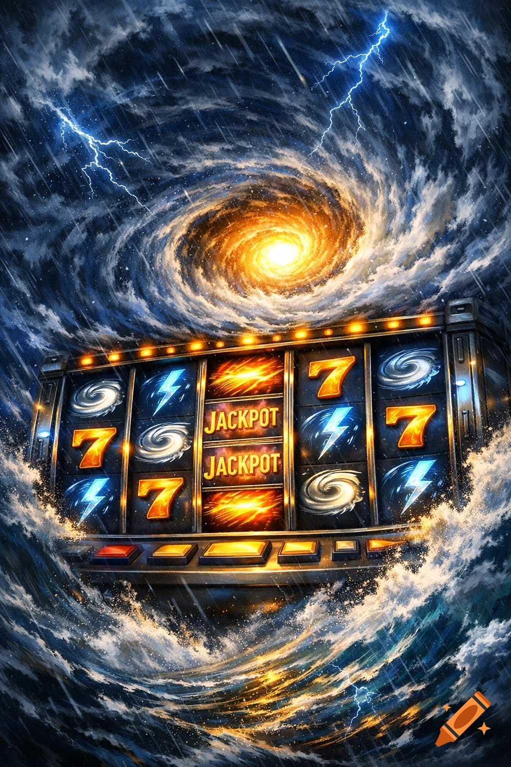 A vibrant slot machine with "JACKPOT" on its reels is engulfed by a dramatic swirling cyclone, lightning, and crashing ocean waves.