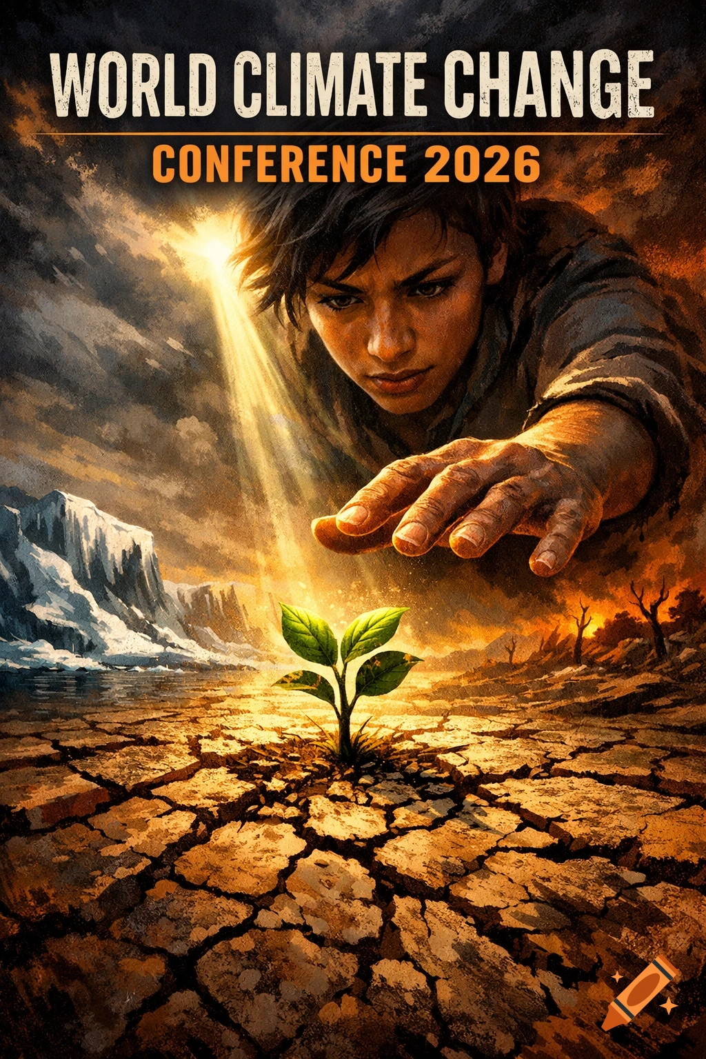 Poster for "WORLD CLIMATE CHANGE CONFERENCE 2026" with a person's hand reaching for a small plant in cracked earth, melting ice and barren trees in background.