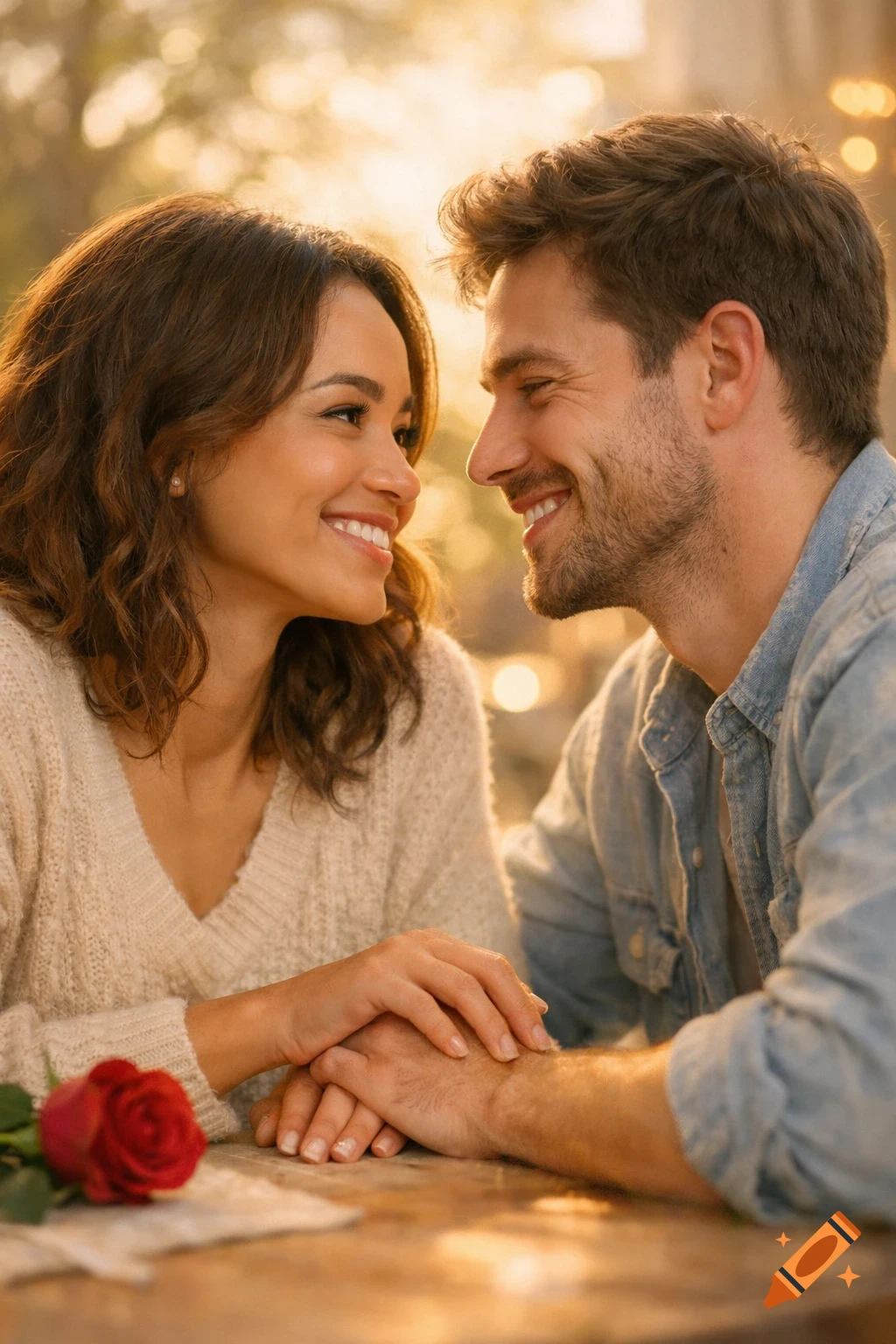 A happy couple, a man and a woman, smiling and looking at each other while holding hands at a table with a red rose, bathed in warm golden light.