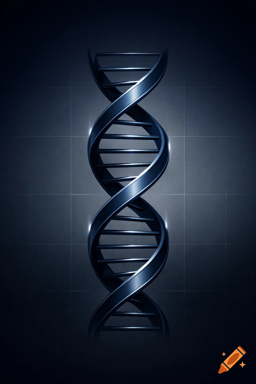 A dark blue metallic DNA double helix against a dark background with a subtle grid pattern and highlights.