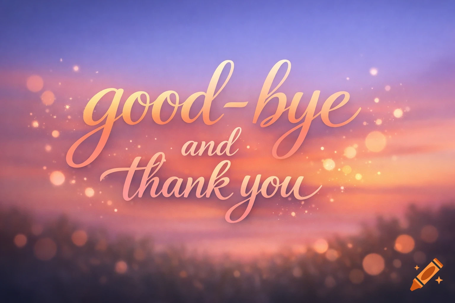 The phrase 'good-bye and thank you' in a decorative script font against a sparkling sunset sky.