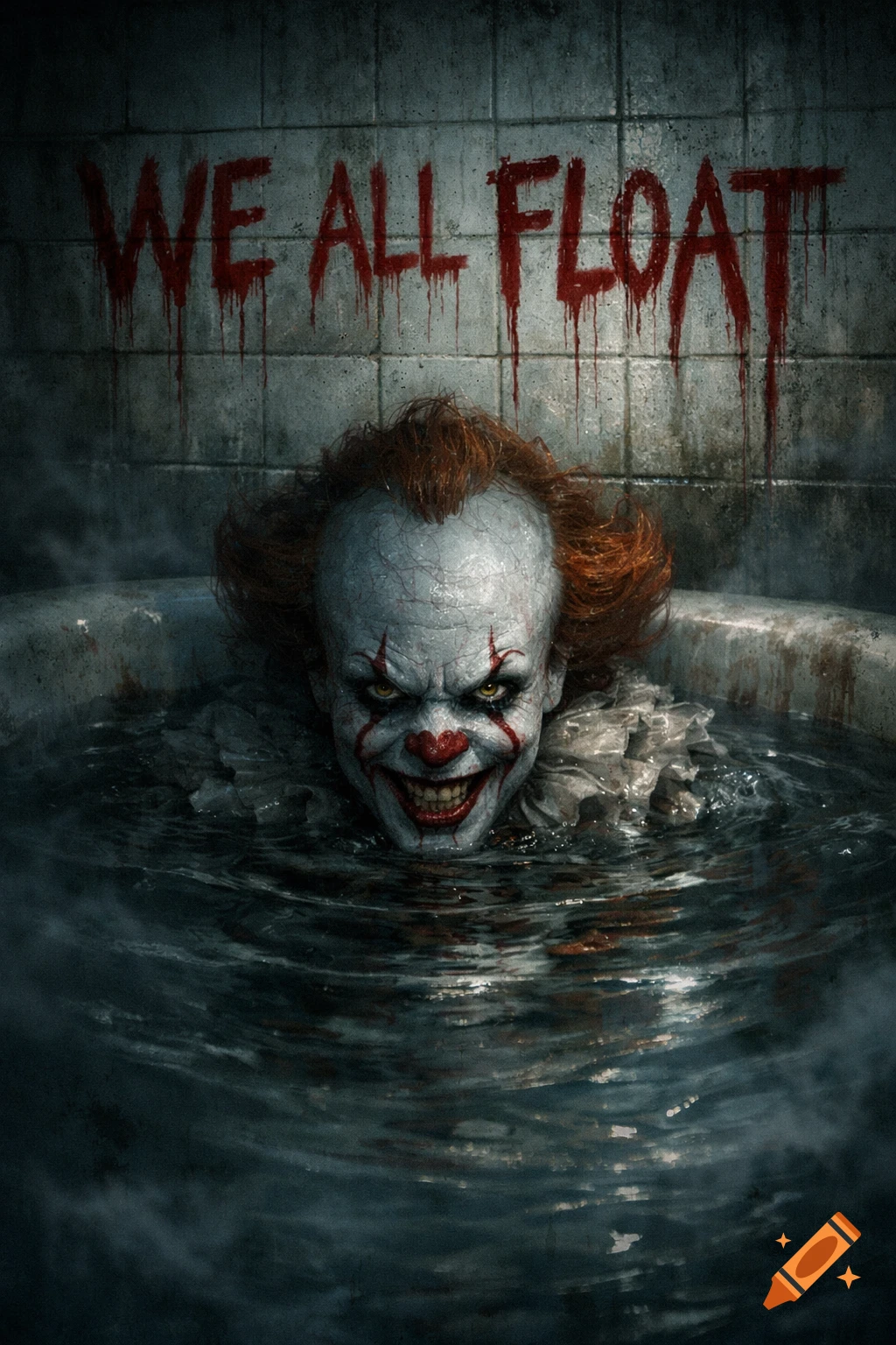 Pennywise, the scary clown, emerges from dark water in a bathtub, with 'WE ALL FLOAT' written in blood on the tiled wall behind him, in a horror art style.
