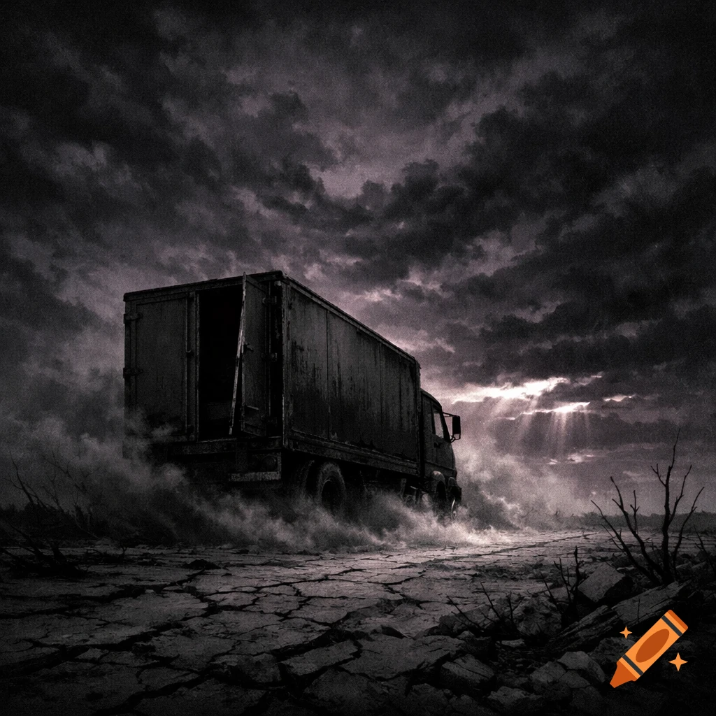 A dark, gritty image of a large, worn truck with its back door open, driving through a cracked, desolate landscape under a stormy sky.
