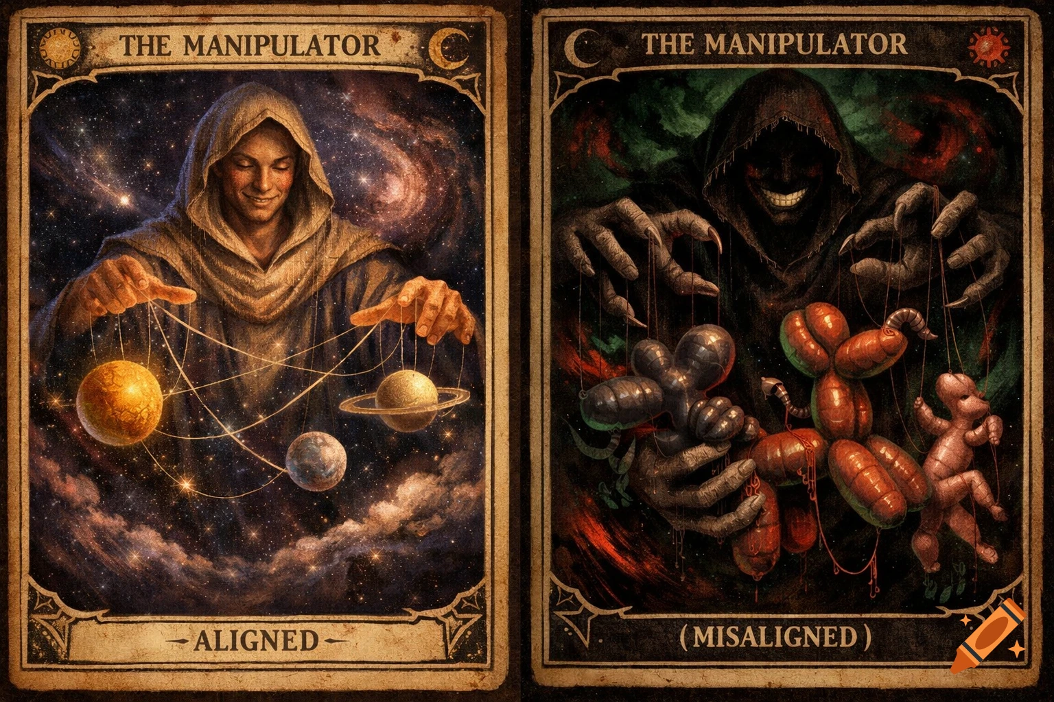 Two satirical tarot cards side-by-side. The left card, 'THE MANIPULATOR - ALIGNED', shows a smiling hooded figure manipulating planets with strings. The right card, 'THE MANIPULATOR - (MISALIGNED)', shows a grinning, shadowy hooded figure manipulating balloon animals and a doll-like figure with strings.