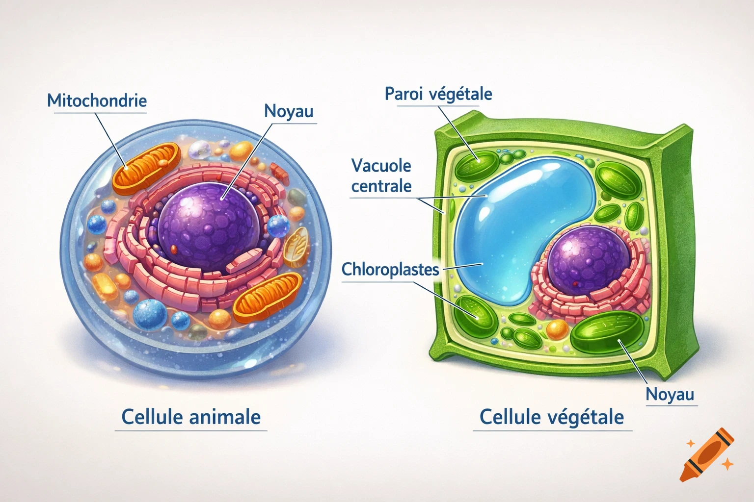A detailed diagram illustrating the components of an animal cell and a plant cell, with French labels for organelles.