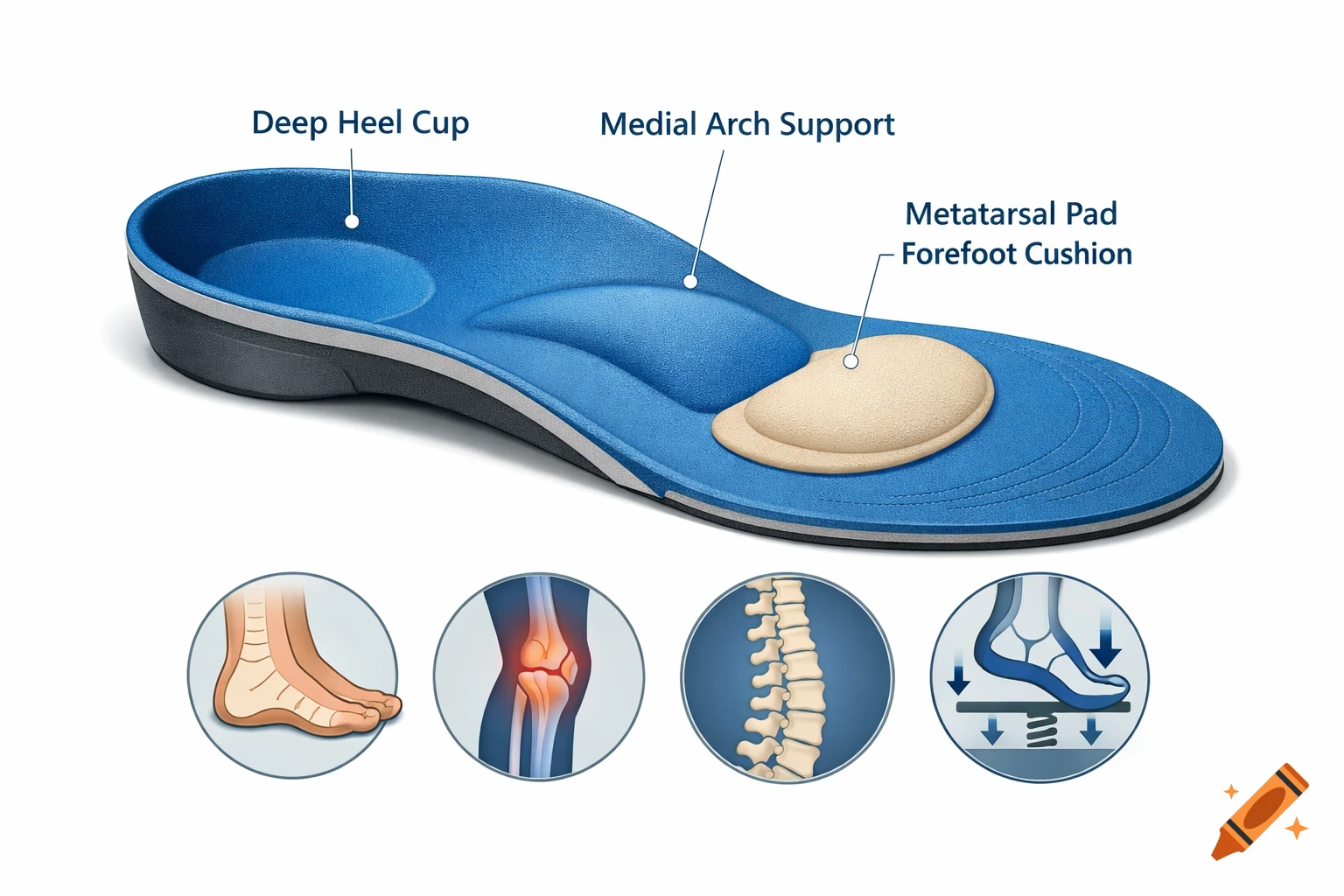 Anatomy of a blue and grey orthopedic insole with labels for Deep Heel Cup, Medial Arch Support, and Metatarsal Pad Forefoot Cushion, plus diagrams of foot, knee, spine, and shock absorption.