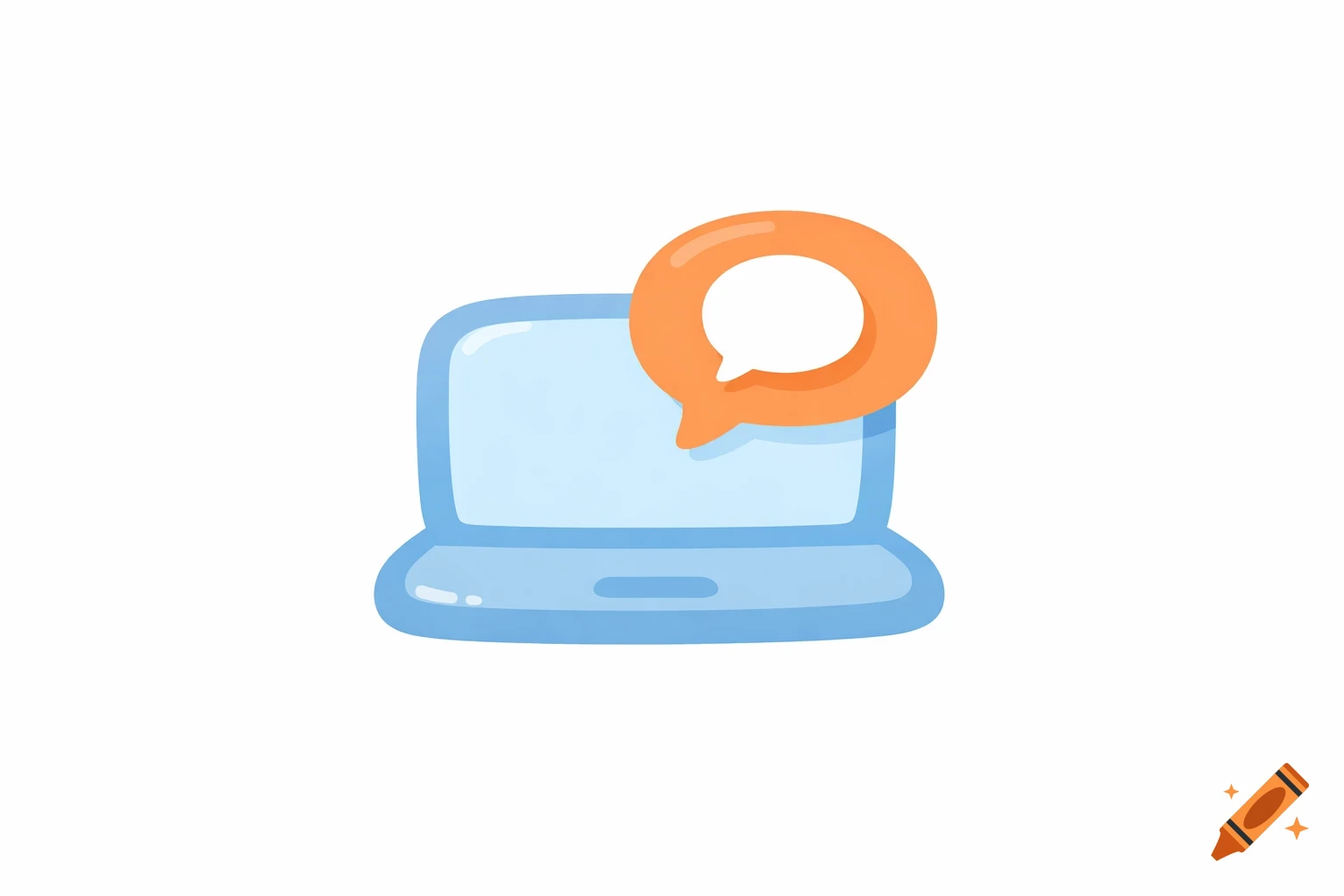 A cute, minimalistic cartoon icon of a light blue laptop with an orange, empty speech bubble emerging from its screen.