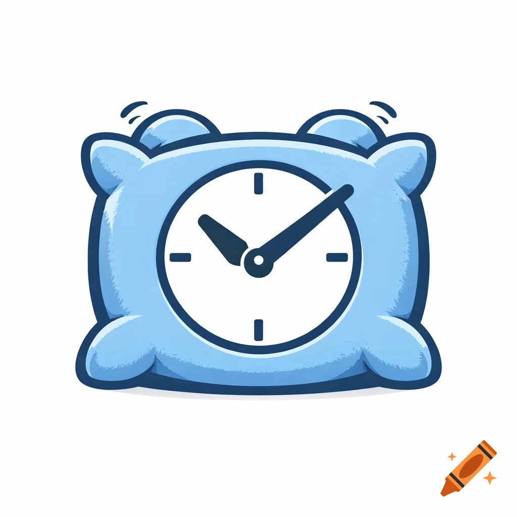 A soft, light blue, pillow-shaped alarm clock logo with a white clock ...