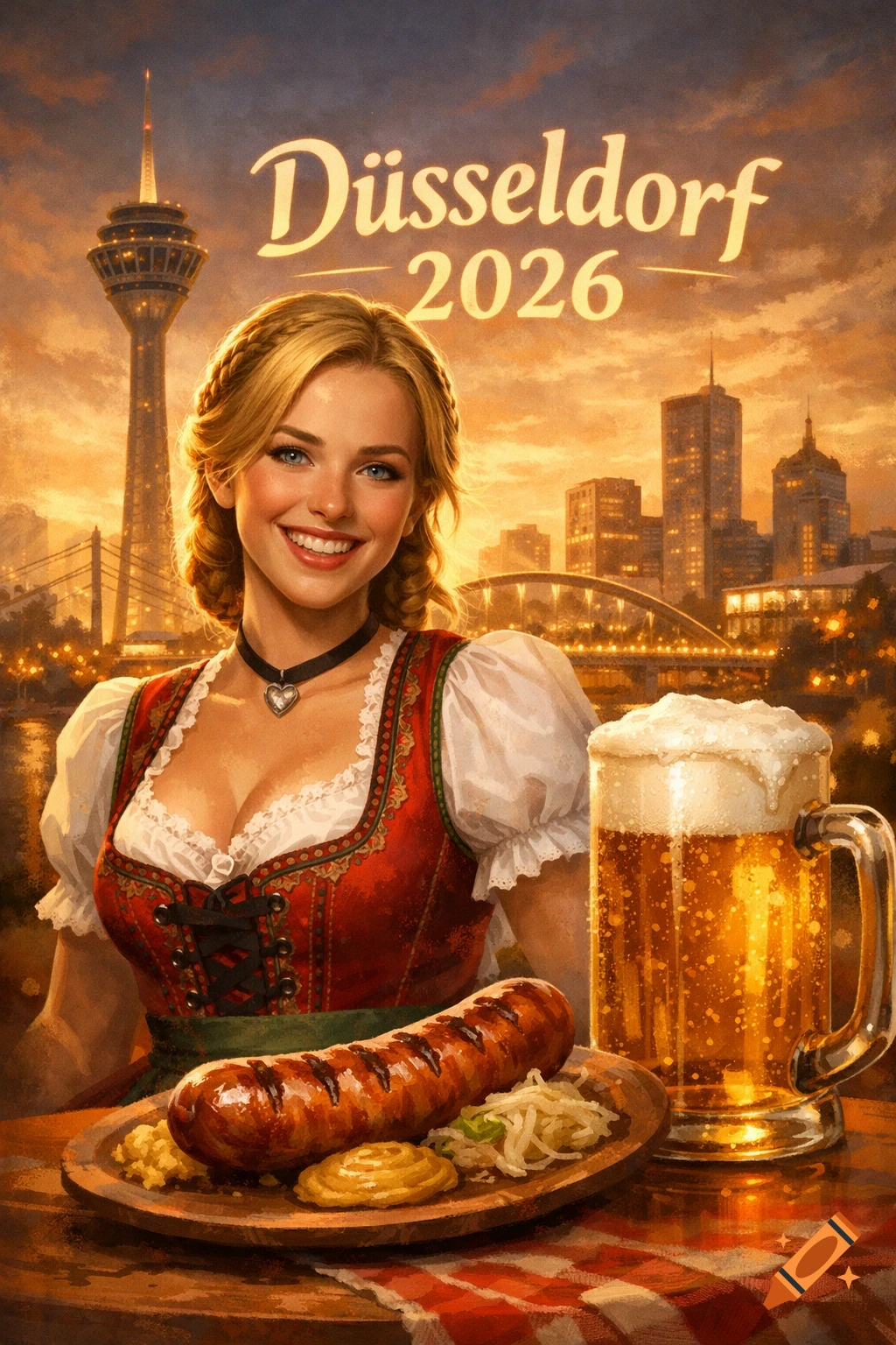 Smiling blonde woman in Dirndl, with sausage, sauerkraut, and beer, against a Düsseldorf skyline at sunset with 'Düsseldorf 2026'.