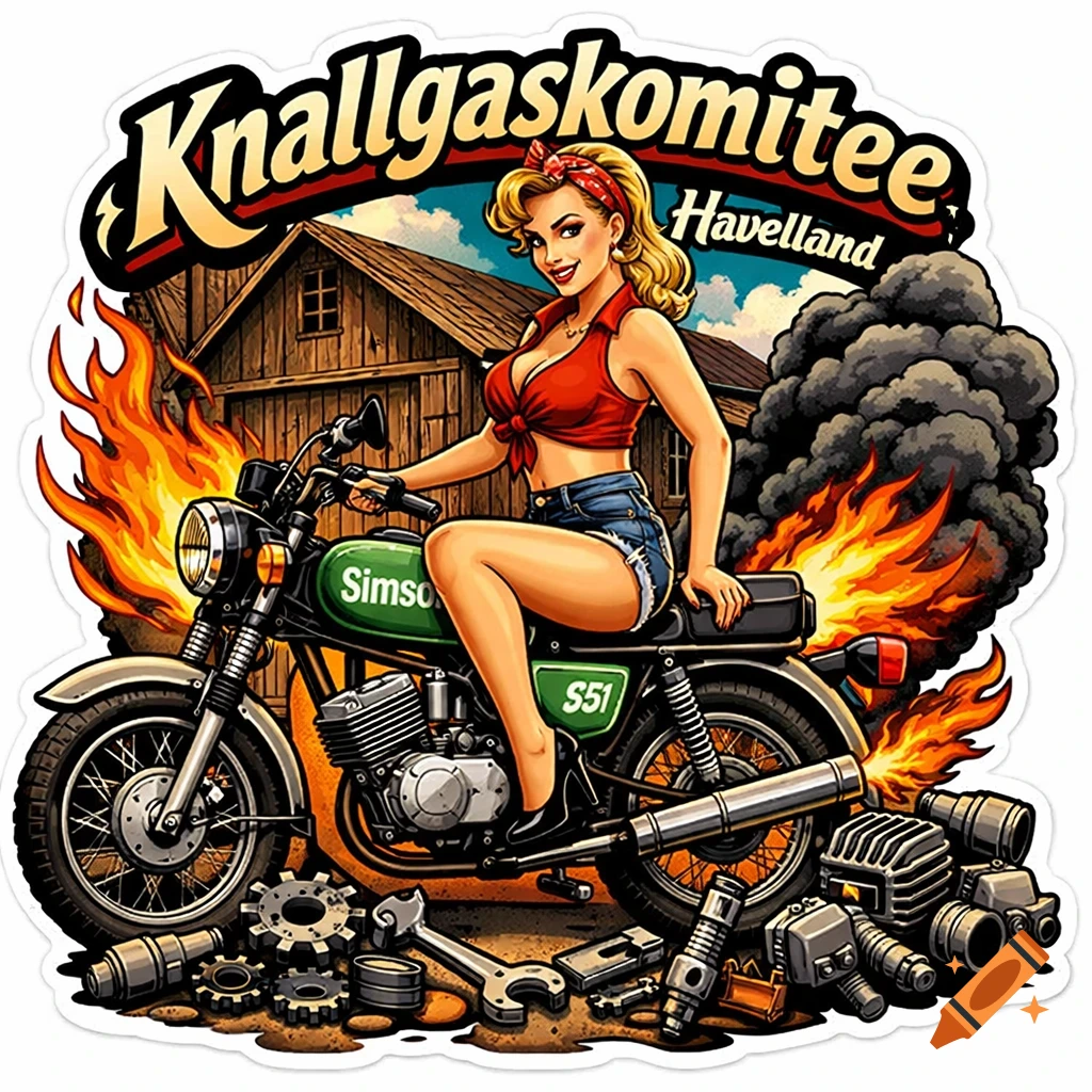 A retro cartoon sticker of a blonde pin-up girl in a tied crop top and shorts riding a green Simson S51 motorcycle. Flames and smoke come from the exhaust, with a barn in the background and spare parts on the ground.