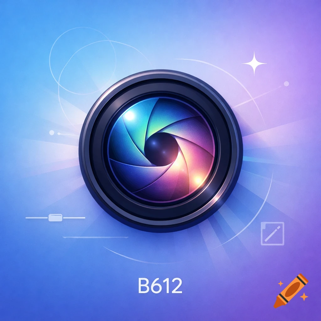 A colorful camera lens icon with a rainbow-colored aperture on a blue and purple gradient background, with the text B612 below it.