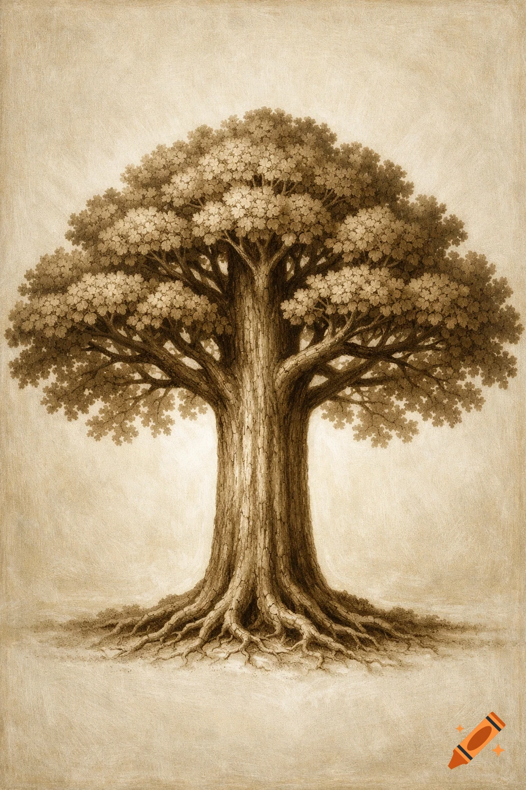 A stylized sepia-toned drawing of a majestic oak tree with a thick trunk, spreading roots, and a full, symmetrical crown.