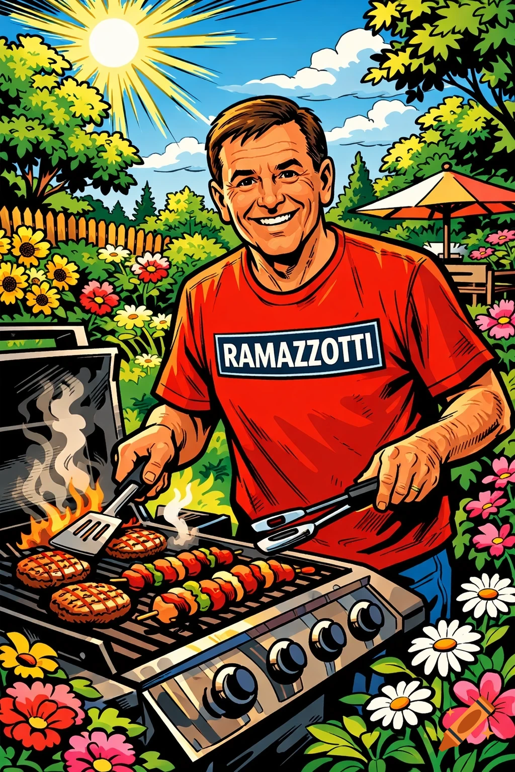 A smiling man in a red 'Ramazotti' shirt grills burgers and skewers in a colorful comic-style garden under the sun.