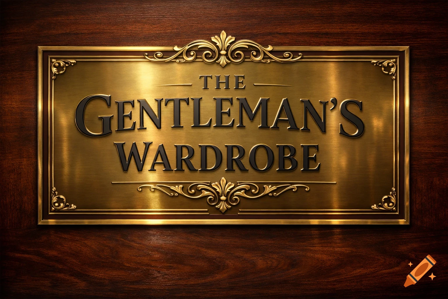 A luxurious brass plaque with ornate borders reads "THE GENTLEMAN'S WARDROBE", mounted on dark polished wood.