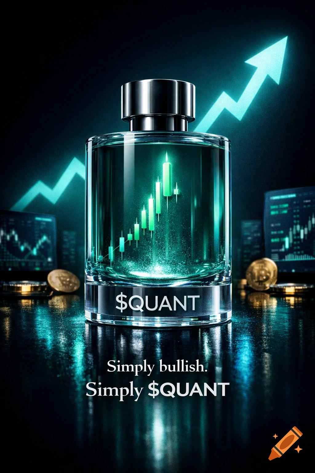 Photorealistic advertisement for '$QUANT' perfume bottle, glowing green with a candlestick chart, surrounded by financial graphics and bitcoin coins.