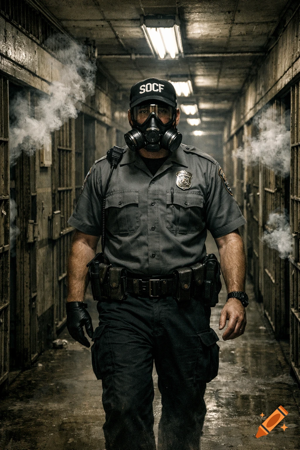 Photorealistic image of a correctional officer wearing a gas mask and uniform walking through a smoke-filled prison corridor.