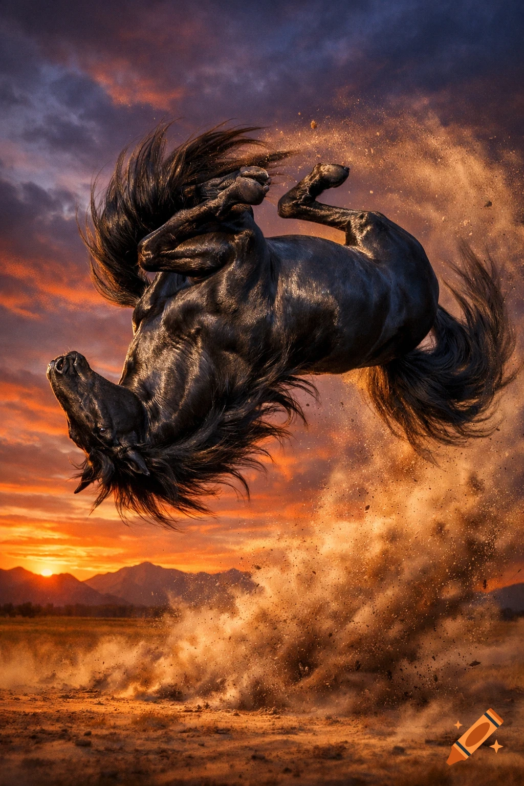 A powerful black horse bucks and kicks up dust against a vibrant sunset sky over mountains.