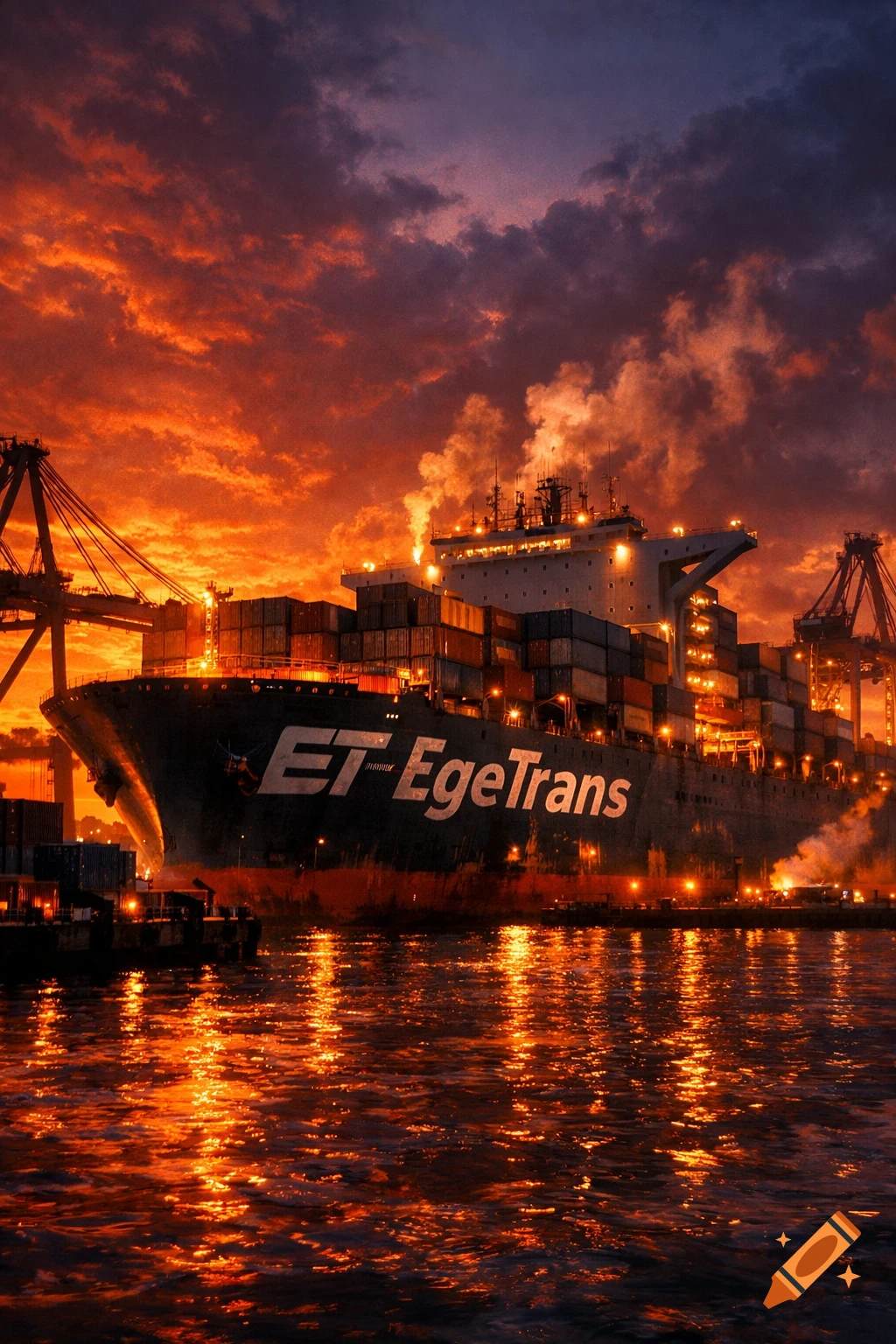 A large container ship with 'ET EgeTrans' at a terminal under a vibrant orange and purple sunset, with lights reflecting on the water.