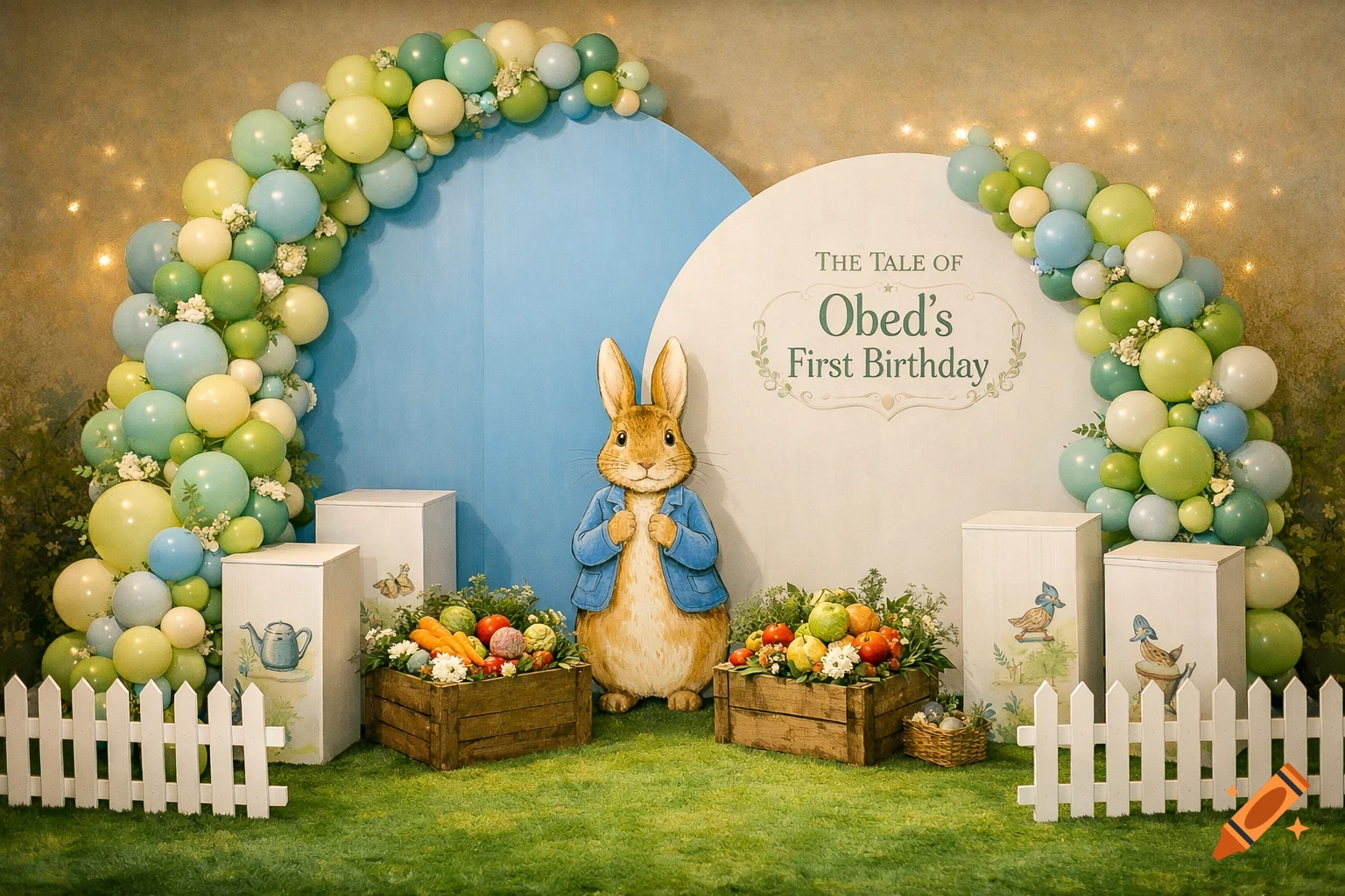 A vibrant Peter Rabbit birthday stage decor with blue and white arch backdrops, pastel balloon garlands, a Peter Rabbit cutout, vegetable crates, and a white picket fence.