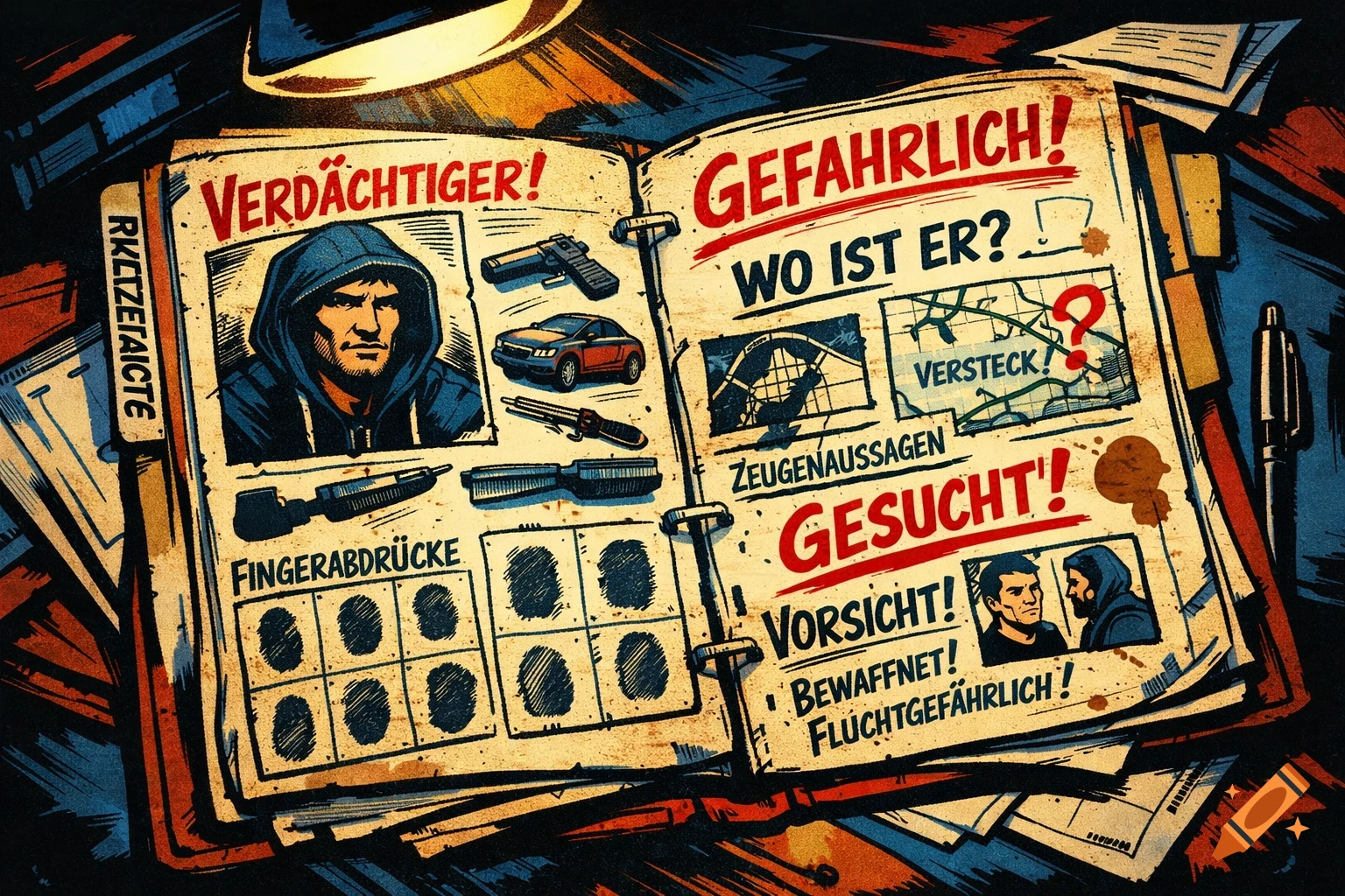 A stylized comic book illustration of an open police file with images of a suspect, weapons, fingerprints, a map, and text labels in German.