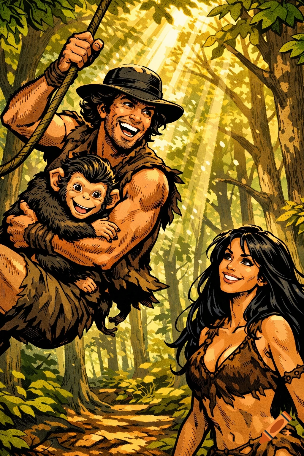 A smiling wild man swings on a vine, holding a grinning monkey, while a wild woman gazes up at them in a sunlit jungle, in a comic book style.