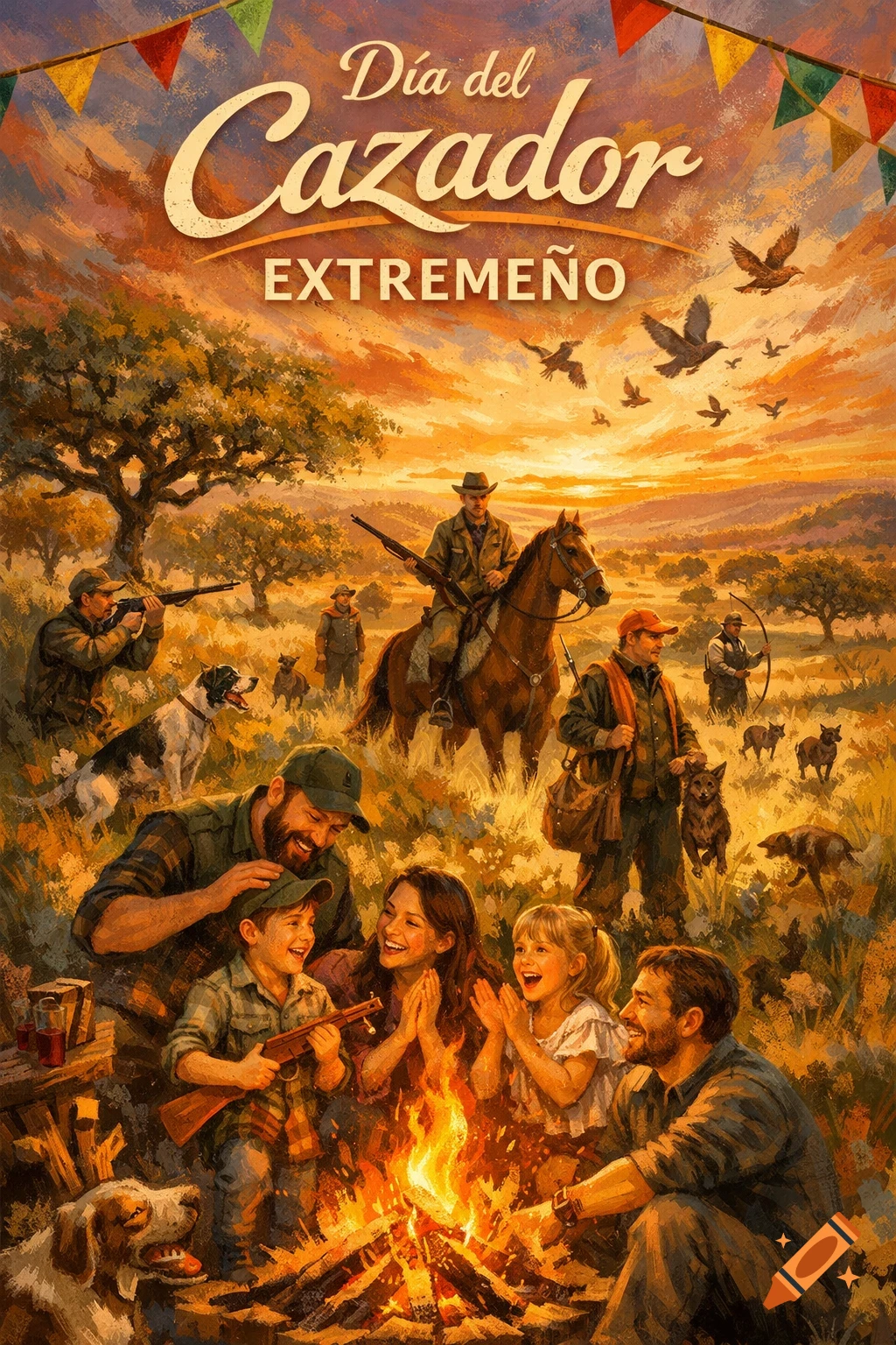 Painterly illustration of a Spanish hunting festival, 'Día del Cazador Extremeño', with hunters, dogs, birds, and a family by a campfire at sunset.