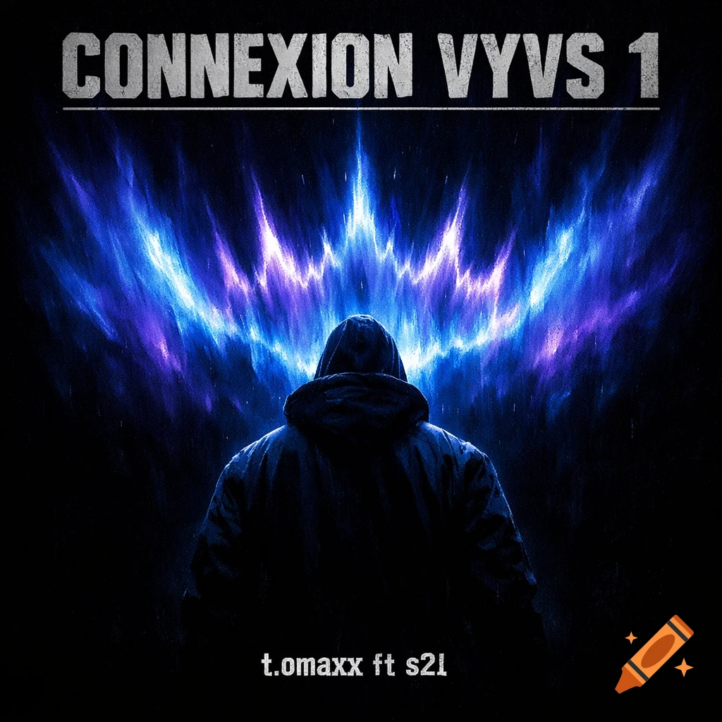 A hooded figure from behind faces a vibrant blue and purple aurora, with 'CONNEXION VYVS 1' and 't.omaxx ft s2l' text.