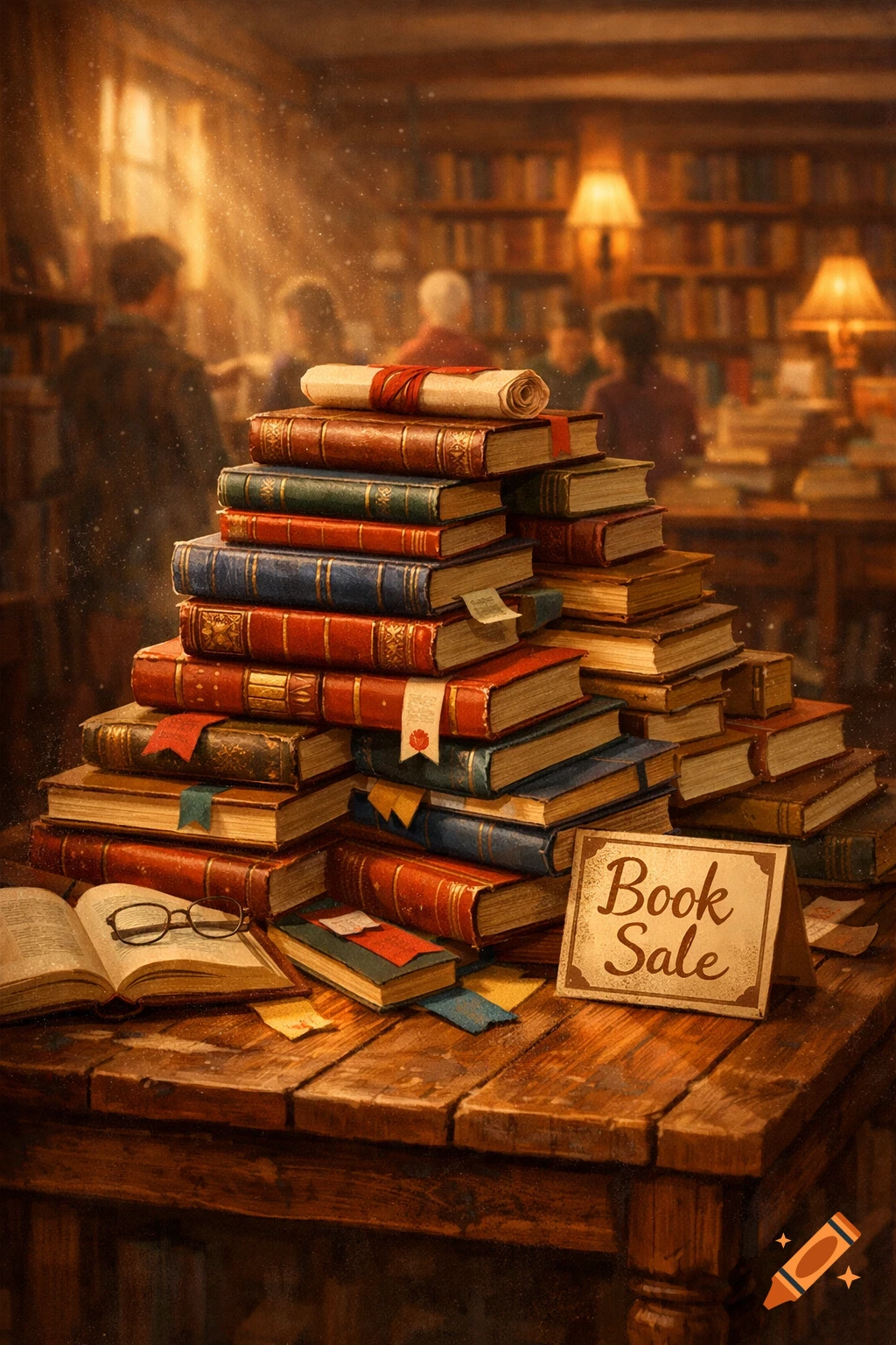 A large stack of old books and an open book with glasses on a wooden table, with a 'Book Sale' sign, in a warm, atmospheric library.
