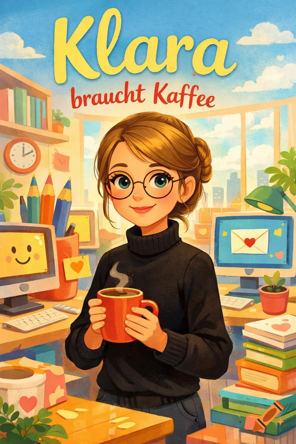 Cartoon illustration of a woman with glasses holding coffee in a colorful office, with the title 'Klara braucht Kaffee'.