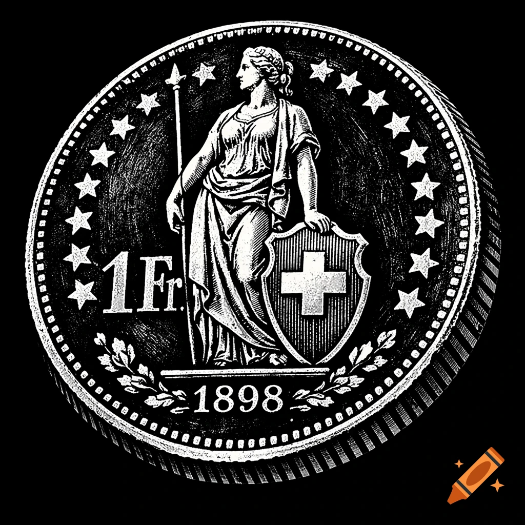 Black and white engraving of the reverse side of a 1898 Swiss 1 Franc coin, featuring Helvetia, a shield with a cross, and stars.