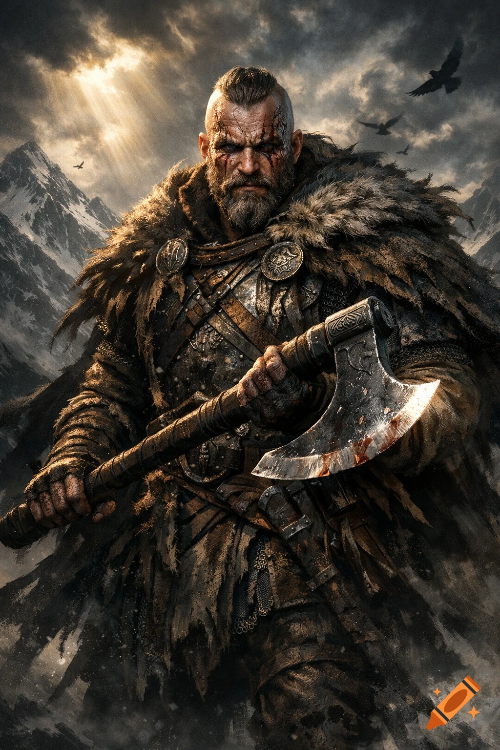 Highly detailed, realistic Viking warrior with battle scars, holding a blood-stained axe, in front of snow-covered mountains under a dramatic sky.